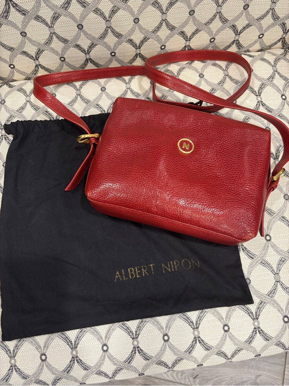 Albert Nipon Red Pebbled Leather Crossbody with Gold Emblem EUC